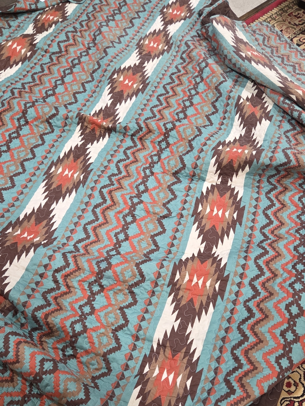 Southwestern Pattern Turquoise and Brown Quilt